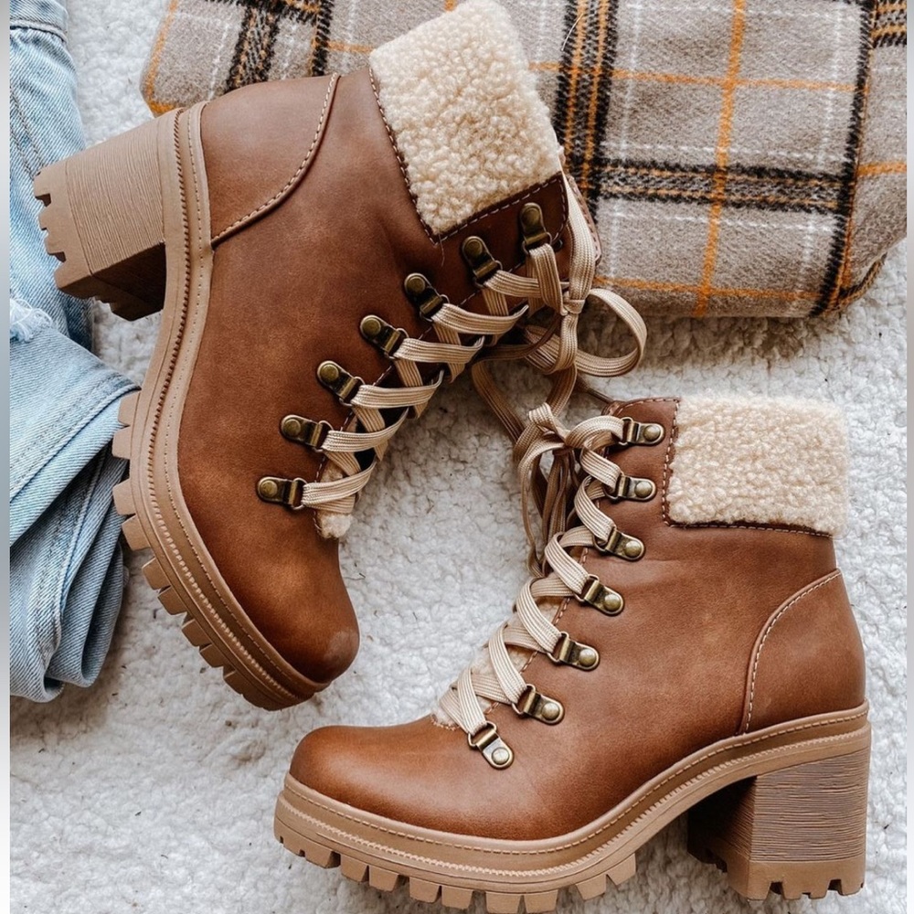 Brown Sherpa Lace-Up Lug Sole Combat Booties - Picture 9 of 16